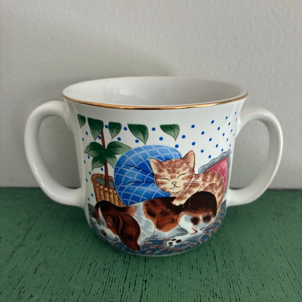 Vintage Little Gang Double Handled Mug Cat Dog Children Cup Made In Japan